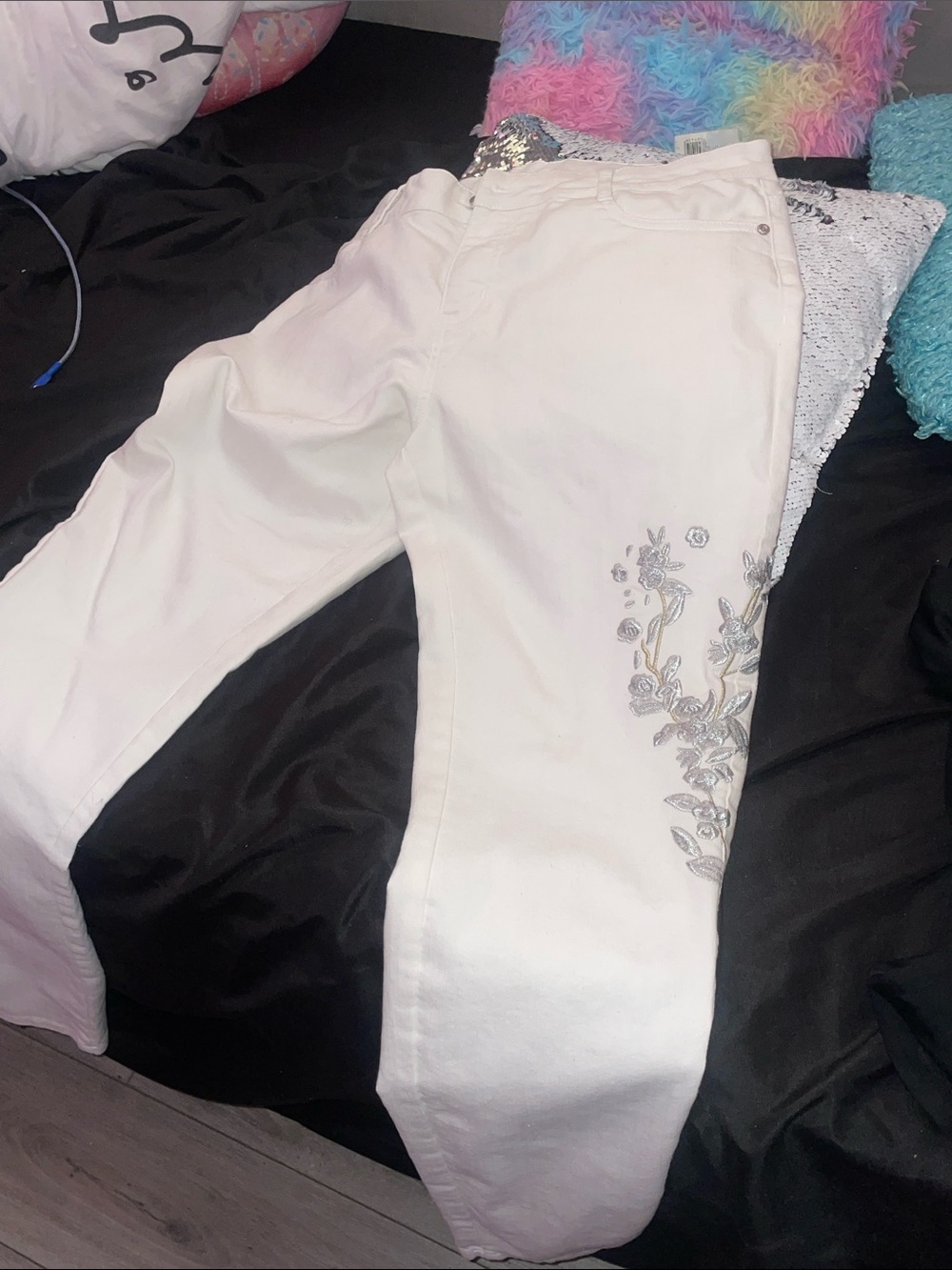 White Straight Leg Women’s Jeans with Silver Floral Embroidery